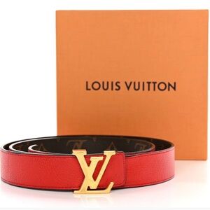 Louis Vuitton Red Leather Reversible Monogram Belt with Gold LV Buckle